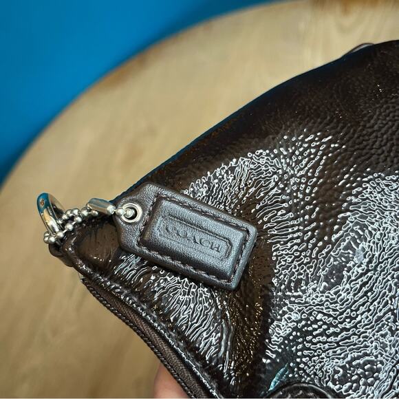 COACH Ashley Chocolate Brown Patent Leather Pebbled Small Crossbody Purse - Picture 7 of 11